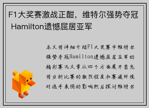 F1大奖赛激战正酣,维特尔强势夺冠 Hamilton遗憾屈居亚军 F1大奖赛激战正酣,维特尔强势夺冠 Hamilton遗憾屈居亚军