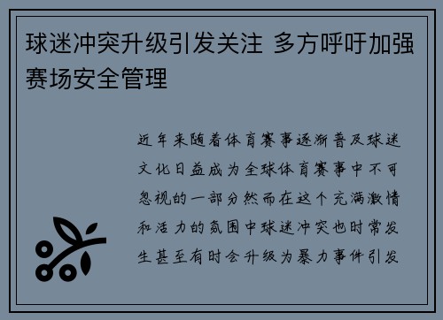 球迷冲突升级引发关注 多方呼吁加强赛场安全管理 球迷冲突升级引发关注 多方呼吁加强赛场安全管理