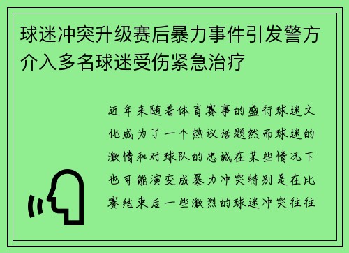 球迷冲突升级赛后暴力事件引发警方介入多名球迷受伤紧急治疗 球迷冲突升级赛后暴力事件引发警方介入多名球迷受伤紧急治疗