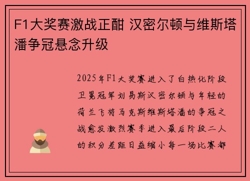 F1大奖赛激战正酣 汉密尔顿与维斯塔潘争冠悬念升级 F1大奖赛激战正酣 汉密尔顿与维斯塔潘争冠悬念升级